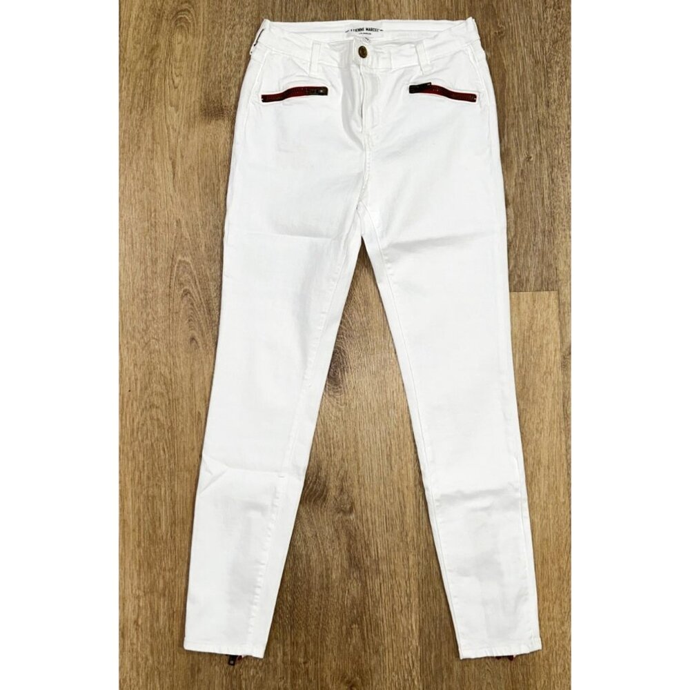 Etienne Marcel White Denim Skinny Jeans With Red Zipper Detail, Size 31